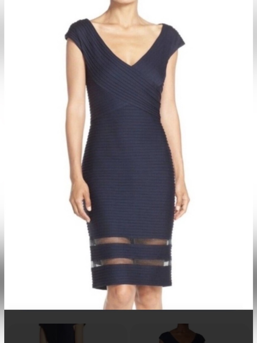 Tadashi Shoji Navy Sleeveless Draped Sheath with Sheer Stripe Detail Sz S